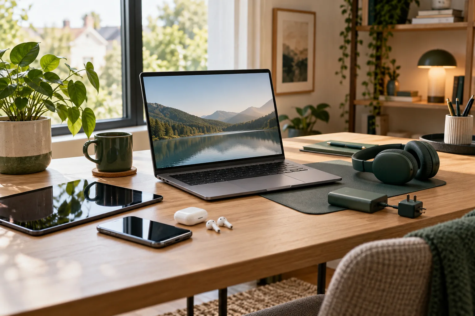 Modern workspace with laptop and mobile devices